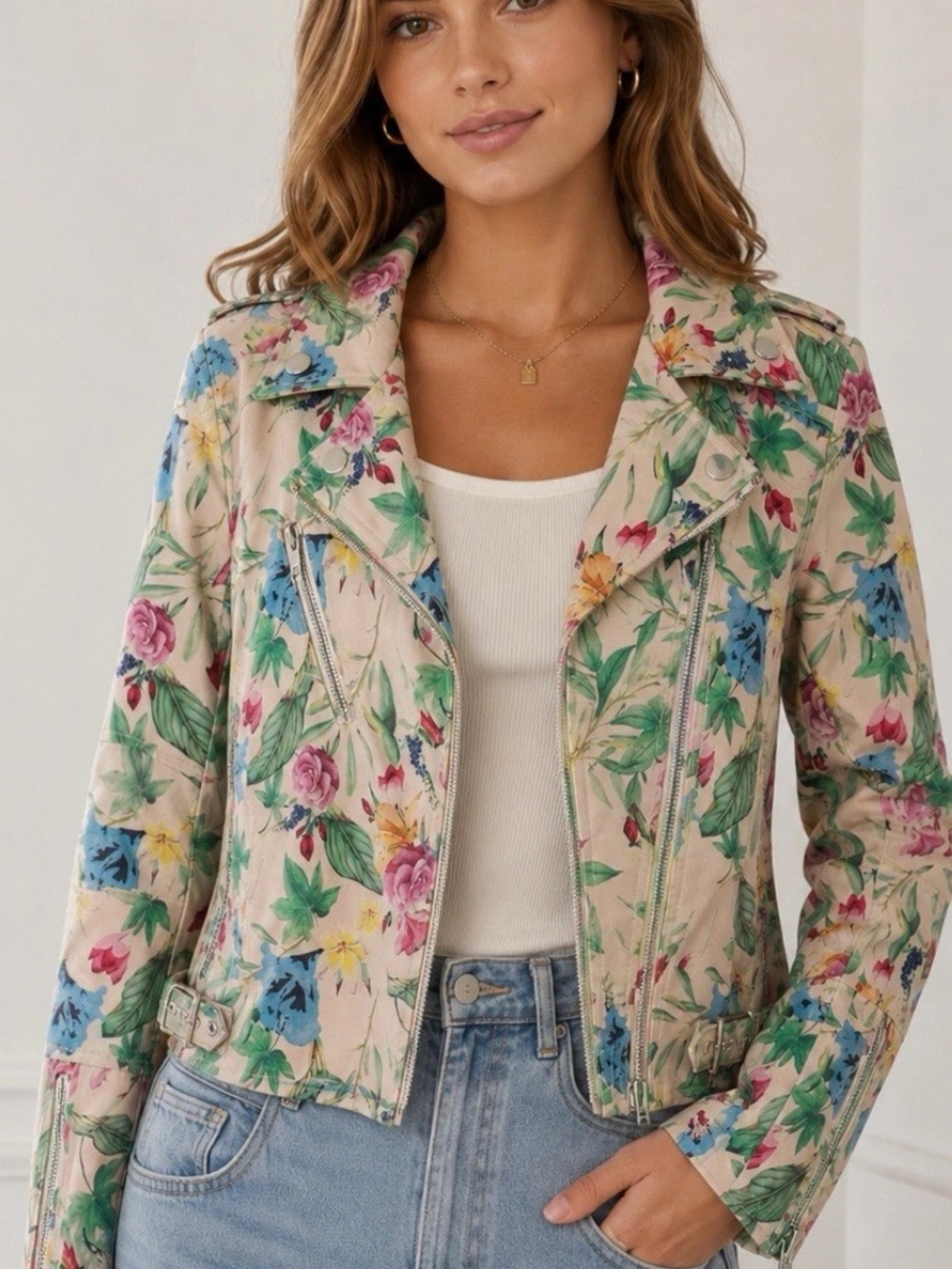 Floral Biker Jacket - Cream with Multicolor Floral Print! Colleen Lopez! M